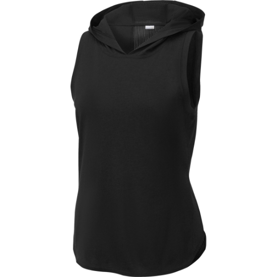 Custom Sport-Tek Womens PosiCharge Tri-Blend Wicking Draft Hoodie Tank. Black/Black Triad Solid