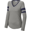 Custom Sport-Tek Womens Halftime Stripe Long Sleeve V-Neck Tee True Navy Blue/Vintage Heather Gray