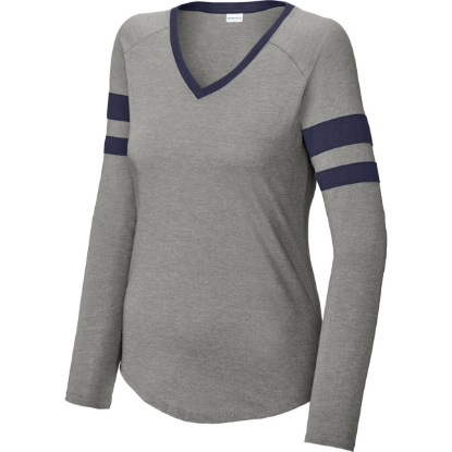 Custom Sport-Tek Womens Halftime Stripe Long Sleeve V-Neck Tee True Navy Blue/Vintage Heather Gray