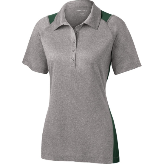 Custom Sport-Tek Womens Heather Colorblock Contender Polo. Vintage Heather Gray/Forest Green