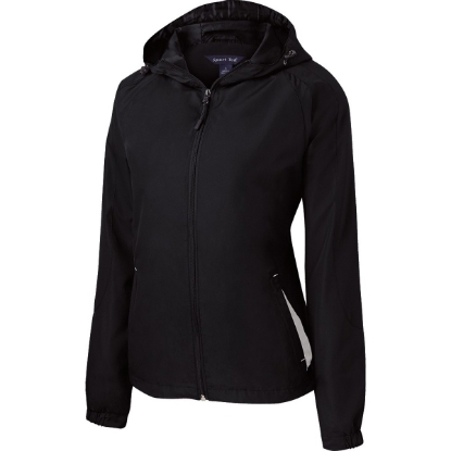 Custom Sport-Tek Womens Colorblock Hooded Raglan Jacket. Black/White