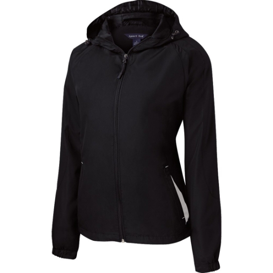 Custom Sport-Tek Womens Colorblock Hooded Raglan Jacket. Black/White