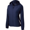 Custom Sport-Tek Womens Colorblock Hooded Raglan Jacket. True Navy Blue/White