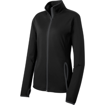 Custom Sport-Tek Womens Sport-Wick Stretch Contrast Full-Zip Jacket. Blk/Char Grey