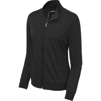 Custom Sport-Tek Womens Tricot Sleeve Stripe Track Jacket. Black/Black