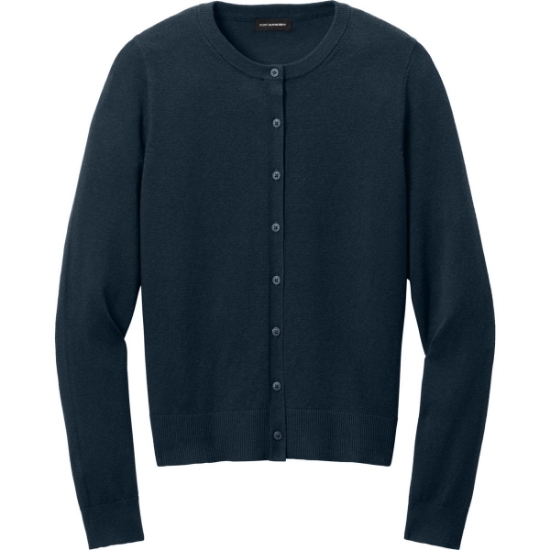 Custom Port Authority Womens Easy Care Crewneck Cardigan Sweater River Blue Navy