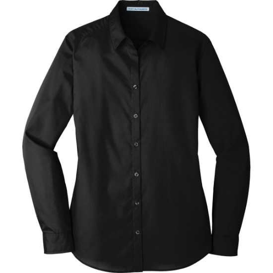 Custom Port Authority Womens Long Sleeve Carefree Poplin Shirt. Deep Black
