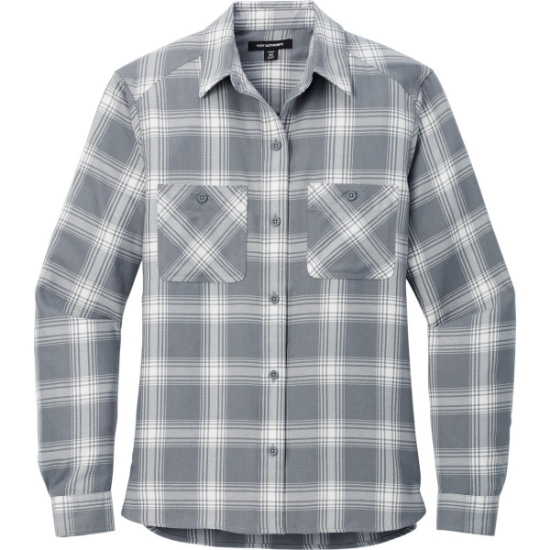 Custom Port Authority Womens Plaid Flannel Shirt Gray/Cream Open Plaid