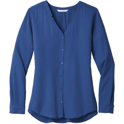 Custom Port Authority Womens Long Sleeve Button-Front Blouse. True Blue