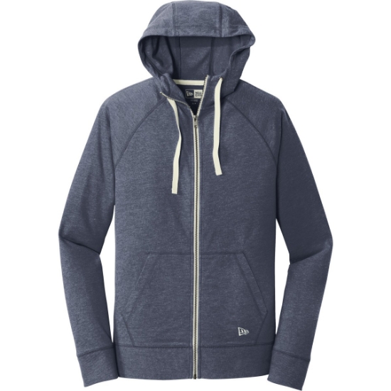 Custom New Era Sueded Cotton Blend Full-Zip Hoodie. True Navy Heather Blue