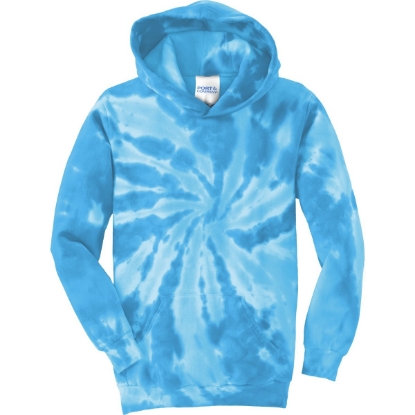 Custom Port & Co Youth Tie-Dye Pullover Hooded Sweatshirt. Turquoise Blue/White