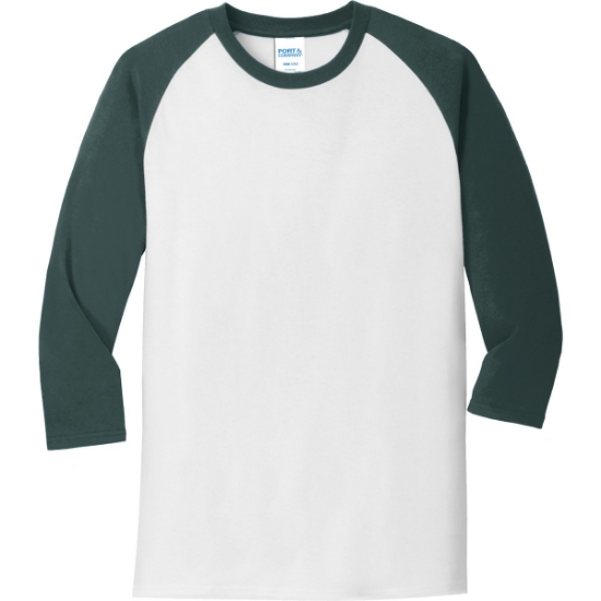Custom Port & Co Core Blend 3/4-Sleeve Raglan Tee. Wht/Dark Green