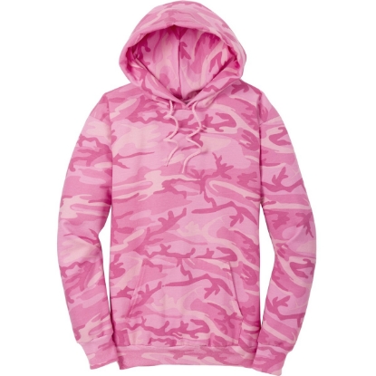 Custom Port & Co Core Fleece Camo Pullover Hooded Sweatshirt. Pink Camo/White