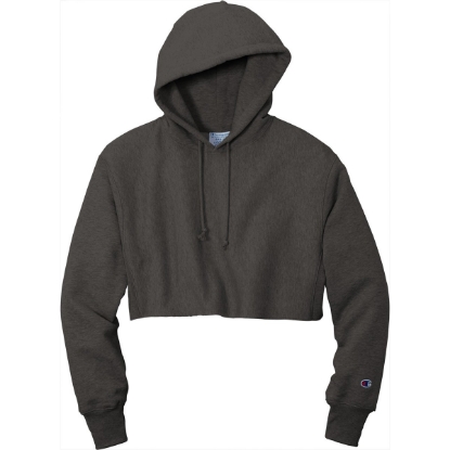 Custom Champion Womens Reverse Weave Cropped Cut-Off Hooded Sweatshirt Charcoal Heather Gray