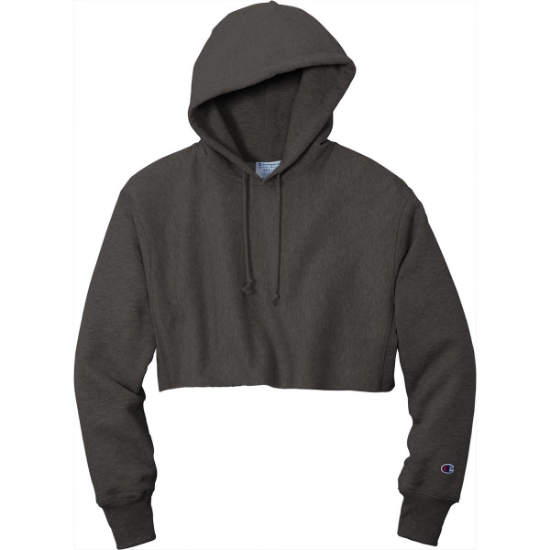 Custom Champion Womens Reverse Weave Cropped Cut-Off Hooded Sweatshirt Charcoal Heather Gray