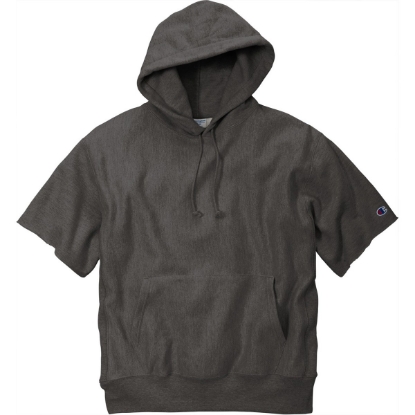 Custom Champion Reverse Weave Short Sleeve Hooded Sweatshirt Charcoal Heather Gray