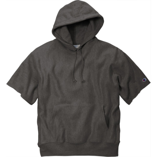 Custom Champion Reverse Weave Short Sleeve Hooded Sweatshirt Charcoal Heather Gray