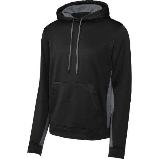 Custom Sport-Tek Sport-Wick Fleece Colorblock Hooded Pullover. Black/Dark Smoke Gray