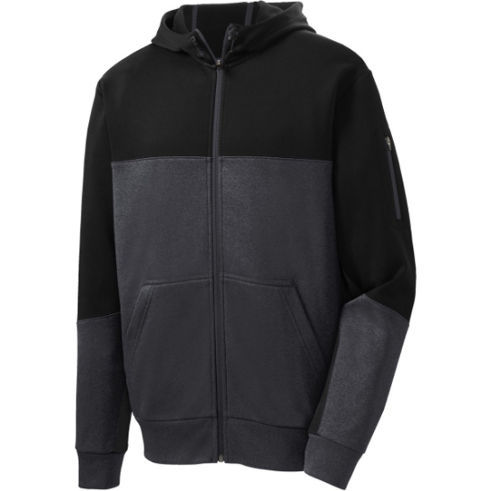 Custom Sport-Tek Tech Fleece Colorblock Full-Zip Hooded Jacket. Blk/Gph/Black