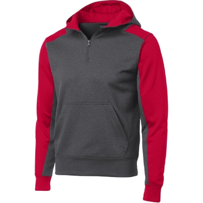 Custom Sport-Tek Tech Fleece Colorblock 1/4-Zip Hooded Sweatshirt. Graphite Heather Gray/True Red