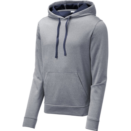 Custom Sport-Tek PosiCharge Sport-Wick Heather Fleece Hooded Pullover. True Navy Blue Heather