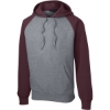 Custom Sport-Tek Raglan Colorblock Pullover Hooded Sweatshirt. Maroon Red/Vintage Heather Gray