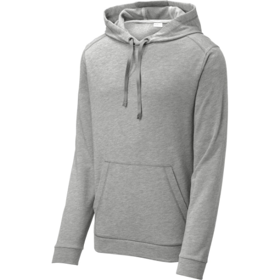 Custom Sport-Tek PosiCharge Tri-Blend Wicking Fleece Hooded Pullover. Light Grey Hth