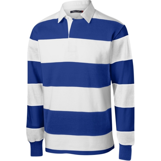 Custom Sport-Tek Classic Long Sleeve Rugby Polo. True Royal Blue/White
