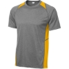Custom Sport-Tek Heather Colorblock Contender Tee. Vintage Heather Gray/Gold