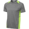 Custom Sport-Tek Heather Colorblock Contender Tee. Vintage Heather Gray/Lime Shock