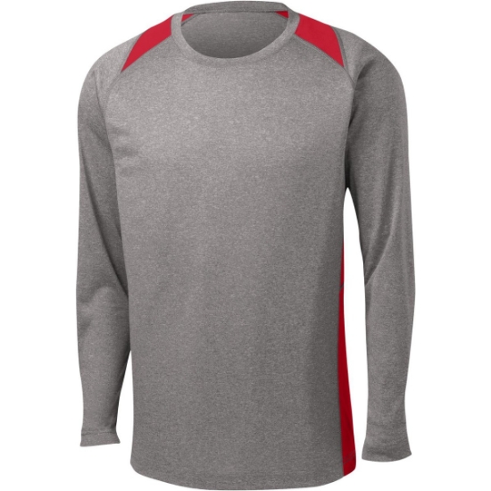 Custom Sport-Tek Long Sleeve Heather Colorblock Contender Tee. Vintage Heather Gray/True Red