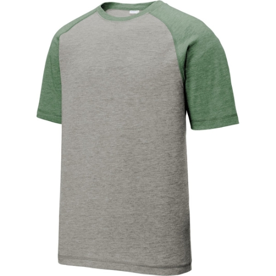 Custom Sport-Tek PosiCharge Tri-Blend Wicking Raglan Tee. For Grn He/LGH