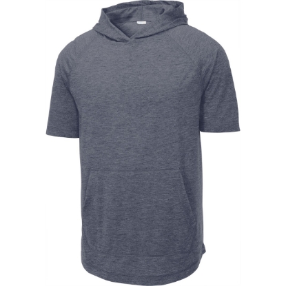 Custom Sport-Tek PosiCharge Tri-Blend Wicking Short Sleeve Hoodie. True Navy Blue Heather