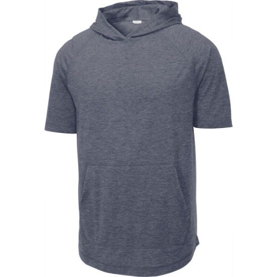 Custom Sport-Tek PosiCharge Tri-Blend Wicking Short Sleeve Hoodie. True Navy Blue Heather