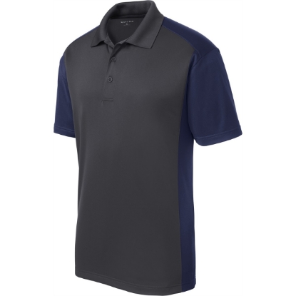 Custom Sport-Tek Colorblock Micropique Sport-Wick Polo. Iron Gray/True Navy Blue