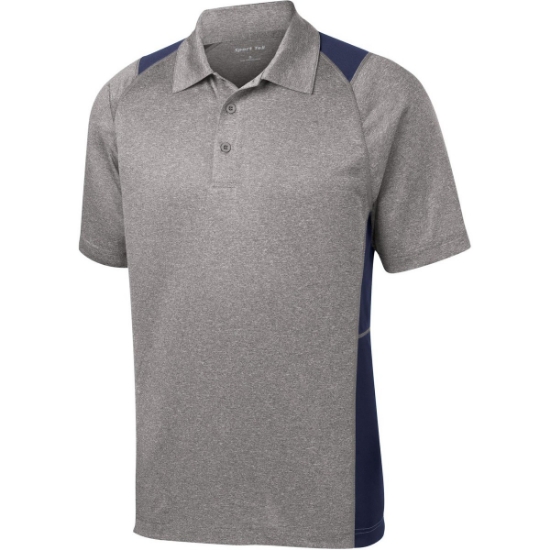 Custom Sport-Tek Heather Colorblock Contender Polo. Vintage Heather Gray/True Navy Blue
