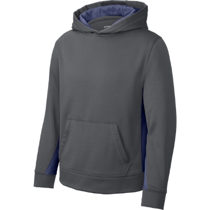 Custom Sport-Tek Youth Sport-Wick Fleece Colorblock Hooded Pullover. Dark Smoke Gray/Navy Blue