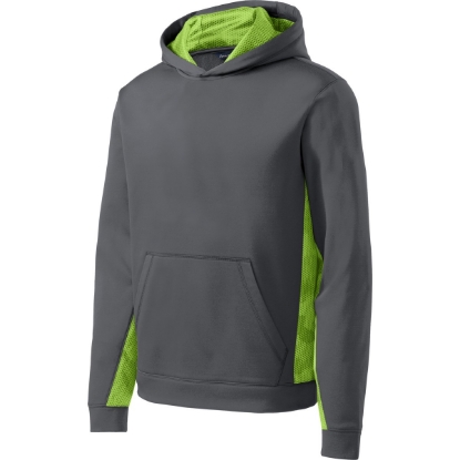 Custom Sport-Tek Youth Sport-Wick CamoHex Fleece Colorblock Hooded Pullover. Dark Smoke Gray/Lime Shock Green