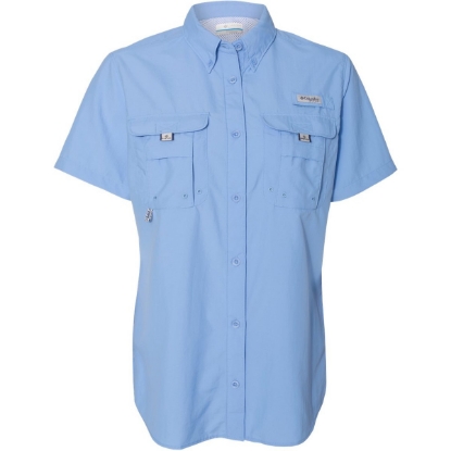 Custom Womens PFG Bahama™ Short Sleeve Shirt White Cap Blue
