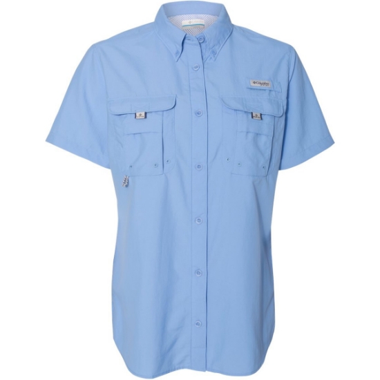 Custom Womens PFG Bahama™ Short Sleeve Shirt White Cap Blue