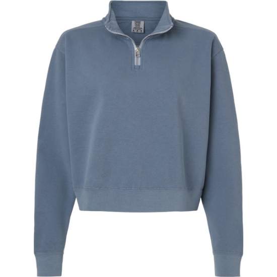 Custom Womens Garment-Dyed Mid-Length Quarter-Zip Sweatshirt Blue Jean