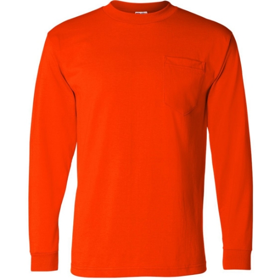 Custom Unisex USA-Made 50/50 Long Sleeve Pocket T-Shirt Safety Orange