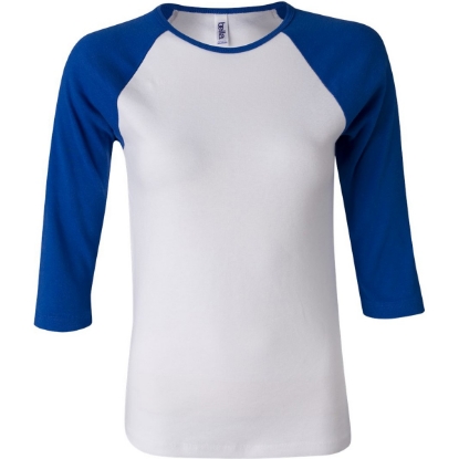 Custom Women’s 1X1 Baby Rib Raglan Three-Quarter Sleeve Tee White/ True Royal