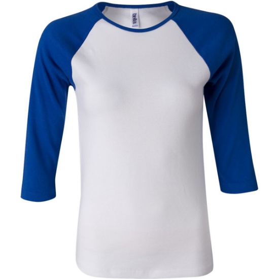 Custom Women’s 1X1 Baby Rib Raglan Three-Quarter Sleeve Tee White/ True Royal