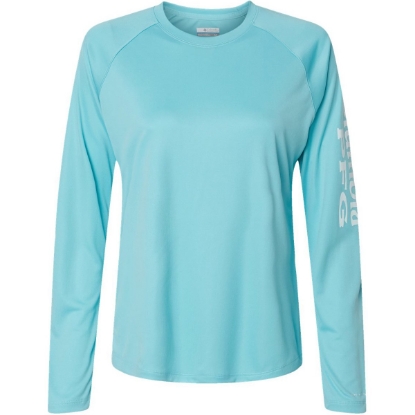 Custom Womens PFG Tidal Tee™ II Long Sleeve Clear Blue/ White