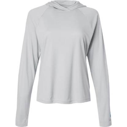 Custom Womens PFG Tidal Tee™ Hooded Long Sleeve Cool Grey/ Vivid Blue