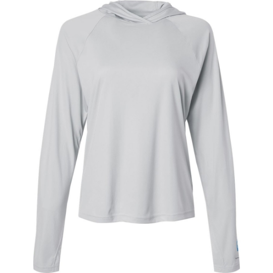 Custom Womens PFG Tidal Tee™ Hooded Long Sleeve Cool Grey/ Vivid Blue