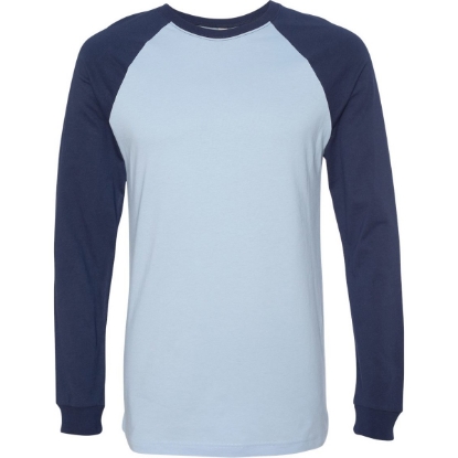 Custom Mens Long Sleeve Jersey Baseball Tee Baby Blue/ Navy