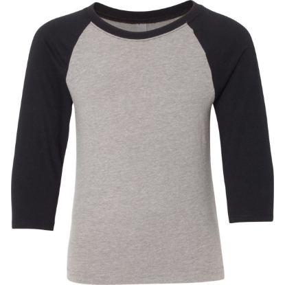 Custom Youth CVC Three-Quarter Sleeve Raglan T-Shirt Black Sleeves/ Dark Heather Grey Body