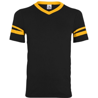 Custom V-Neck Jersey with Striped Sleeves Black/ Gold